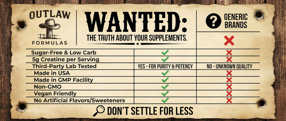 Outlaw Formulas Creatine Monohydrate Gummies nutrition facts panel indicates clean ingredients