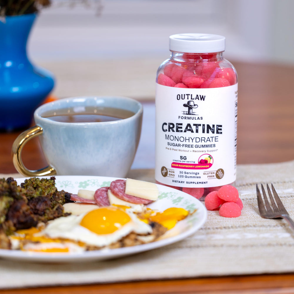 Outlaw Formulas Creatine Monohydrate Gummies packaging highlights sugar-free sour raspberry lemonade flavor