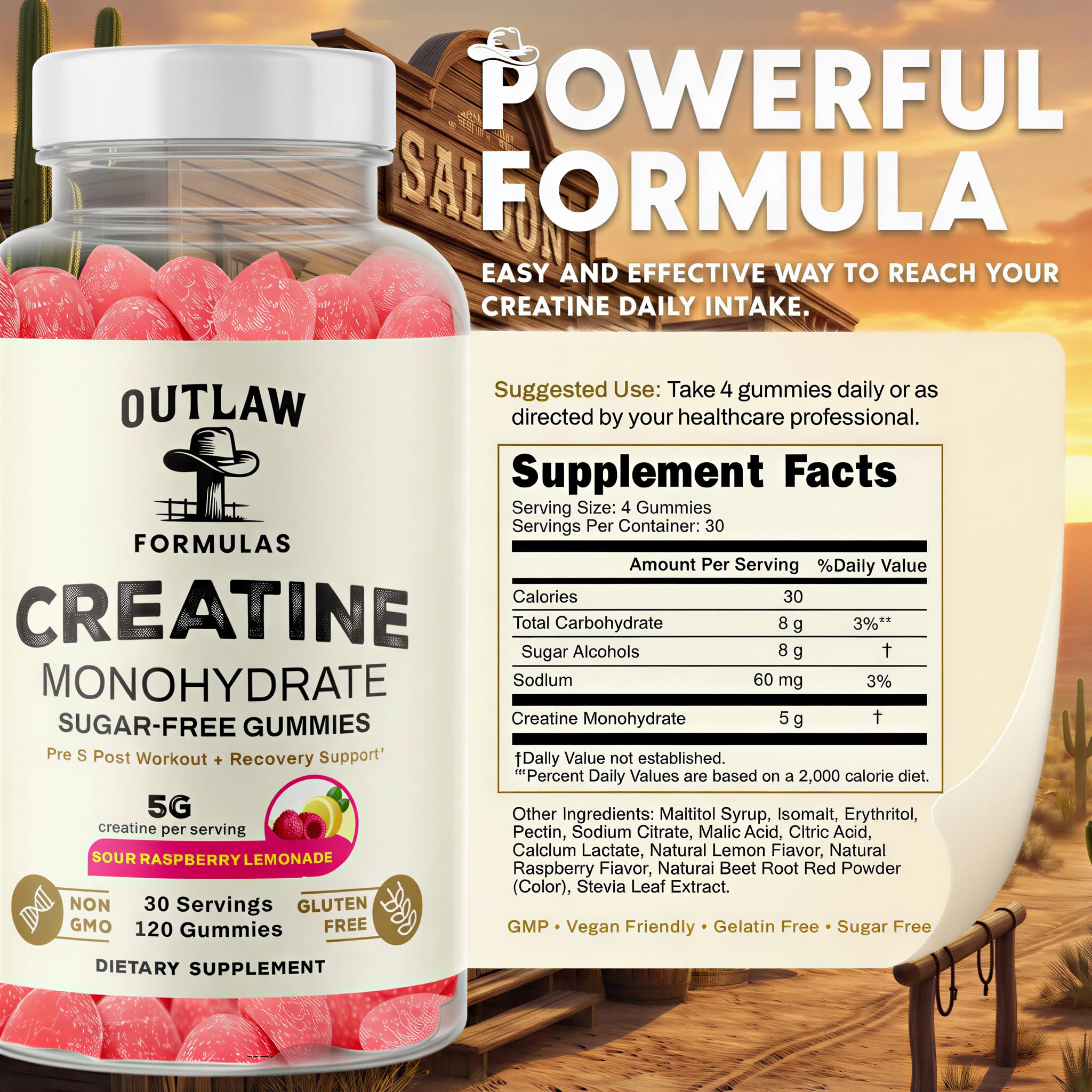 Outlaw Formulas Creatine Monohydrate Gummies raspberry-lemonade flavor emphasizes sugar-free convenience