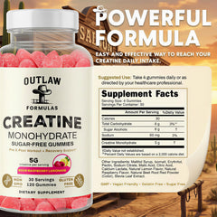 Outlaw Formulas Creatine Monohydrate Gummies raspberry-lemonade flavor emphasizes sugar-free convenience
