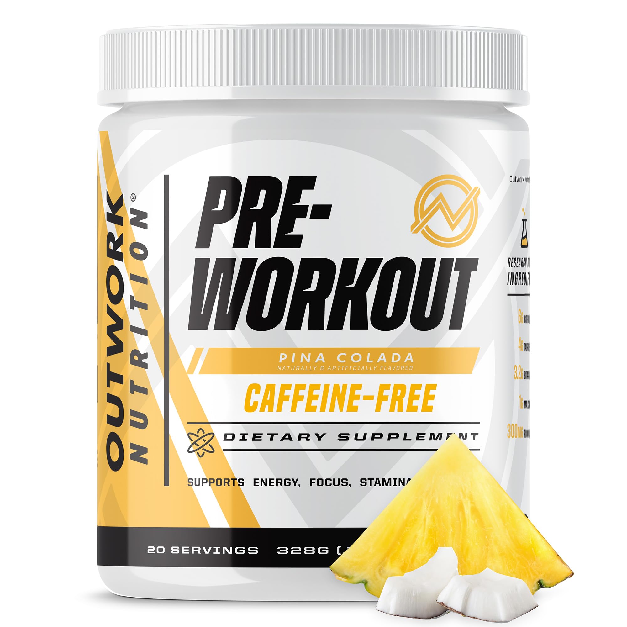 Outwork Nutrition non-stim pre-workout tub showing stimulant-free energy for longer sessions.