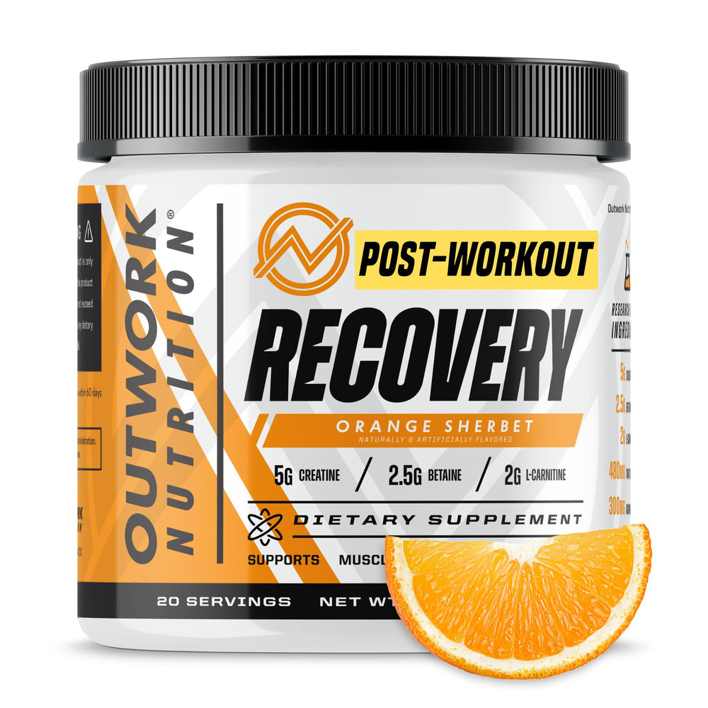 Outwork Nutrition post-workout recovery powder bottle front showing orange sherbet flavor for recovery