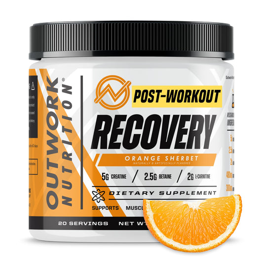 Outwork Nutrition post-workout recovery powder bottle front showing orange sherbet flavor for recovery
