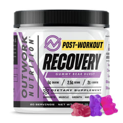 Outwork Nutrition post-workout recovery powder bottle demonstrates premium blend for faster muscle recovery after training sessions.