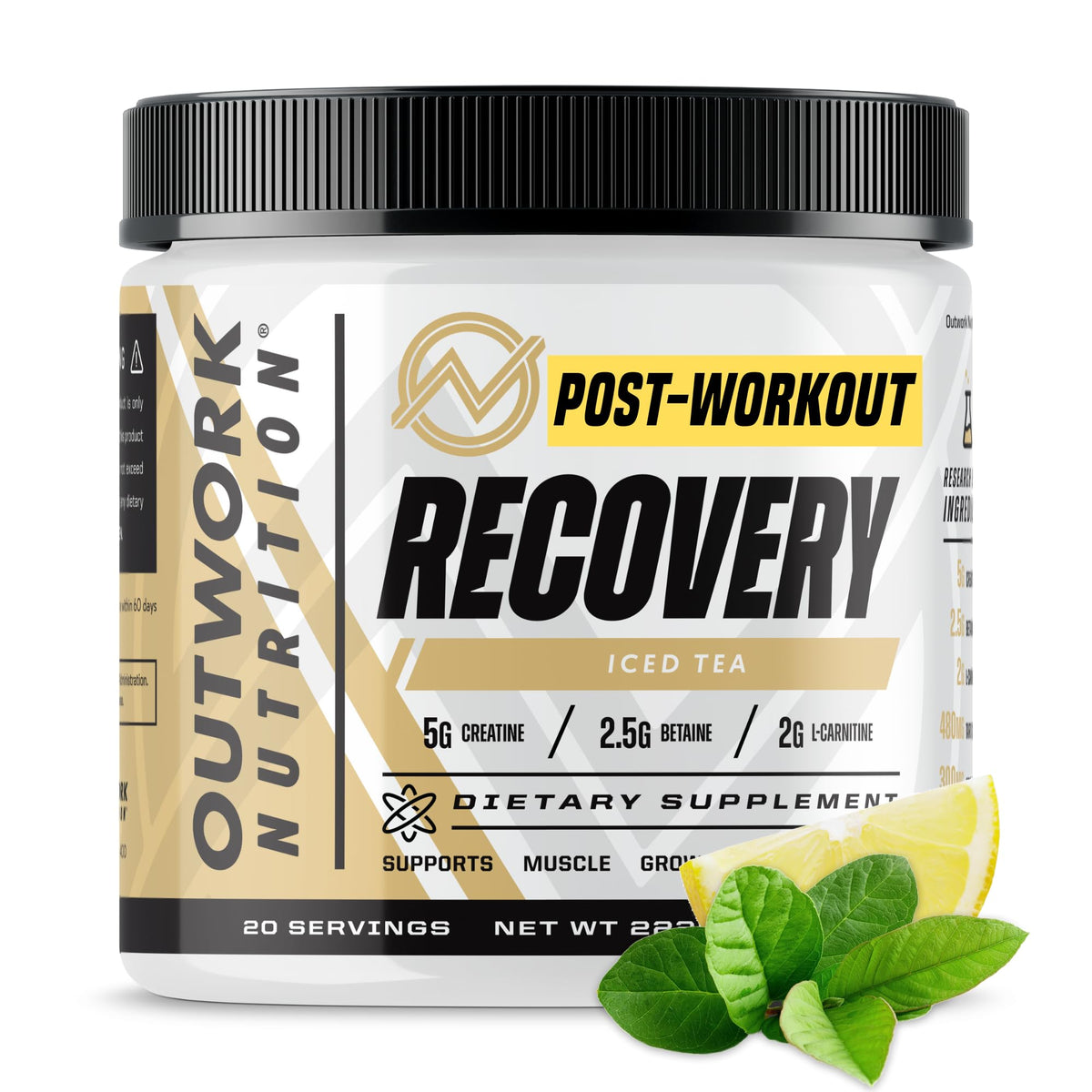 Outwork Nutrition post-workout recovery powder canister suggests faster recovery and stronger workouts.