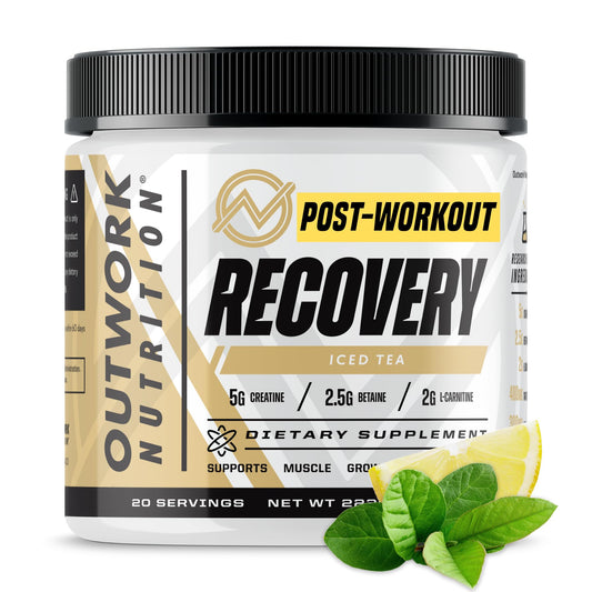Outwork Nutrition post-workout recovery powder canister suggests faster recovery and stronger workouts.