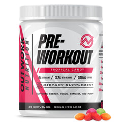 Outwork Nutrition preworkout bottle in Tropical Candy flavor energizes workouts.