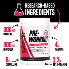 Close-up of Outwork Nutrition label with caffeine-rich formula for focus.