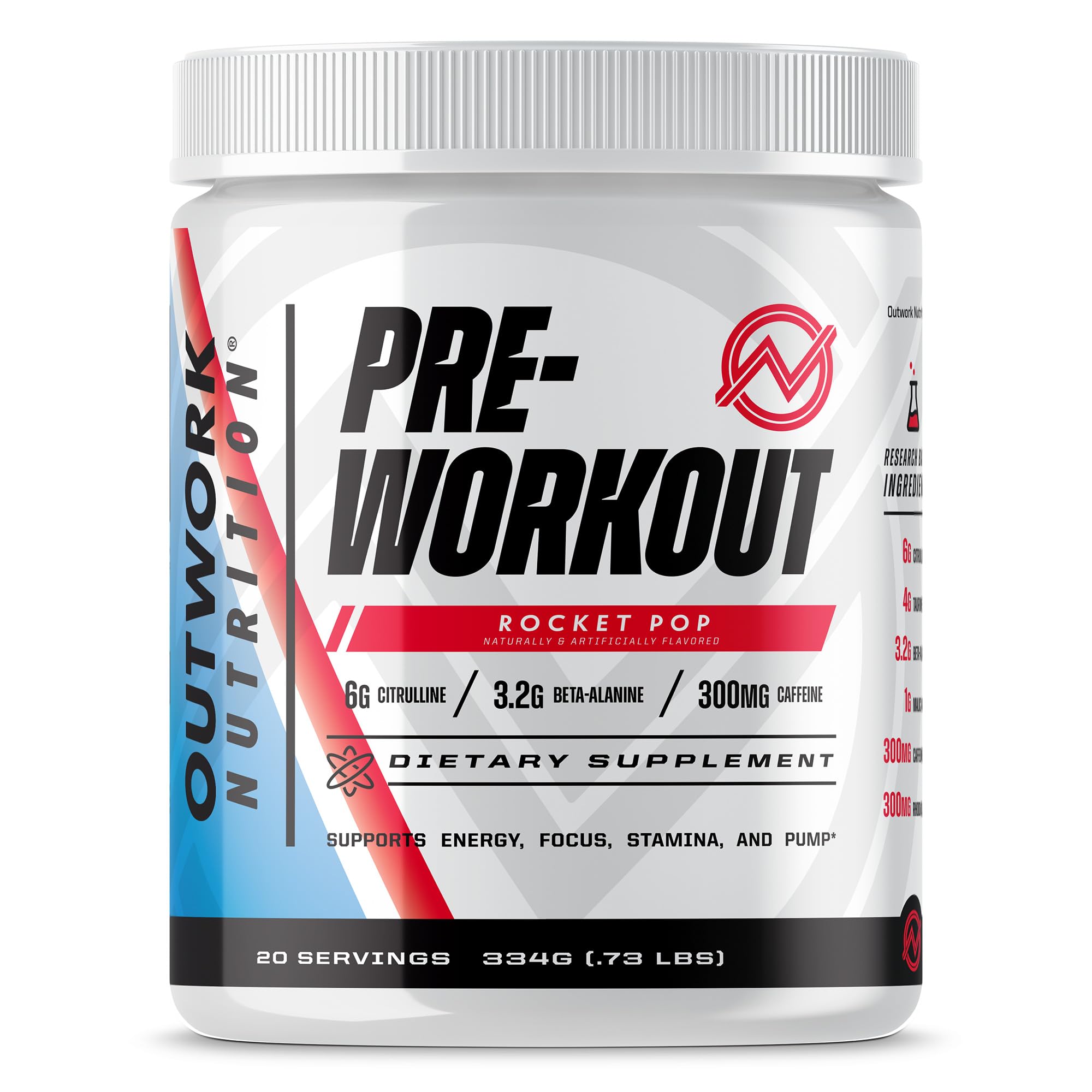 Outwork Nutrition Rocket Pop preworkout front label promises clean energy and focus.