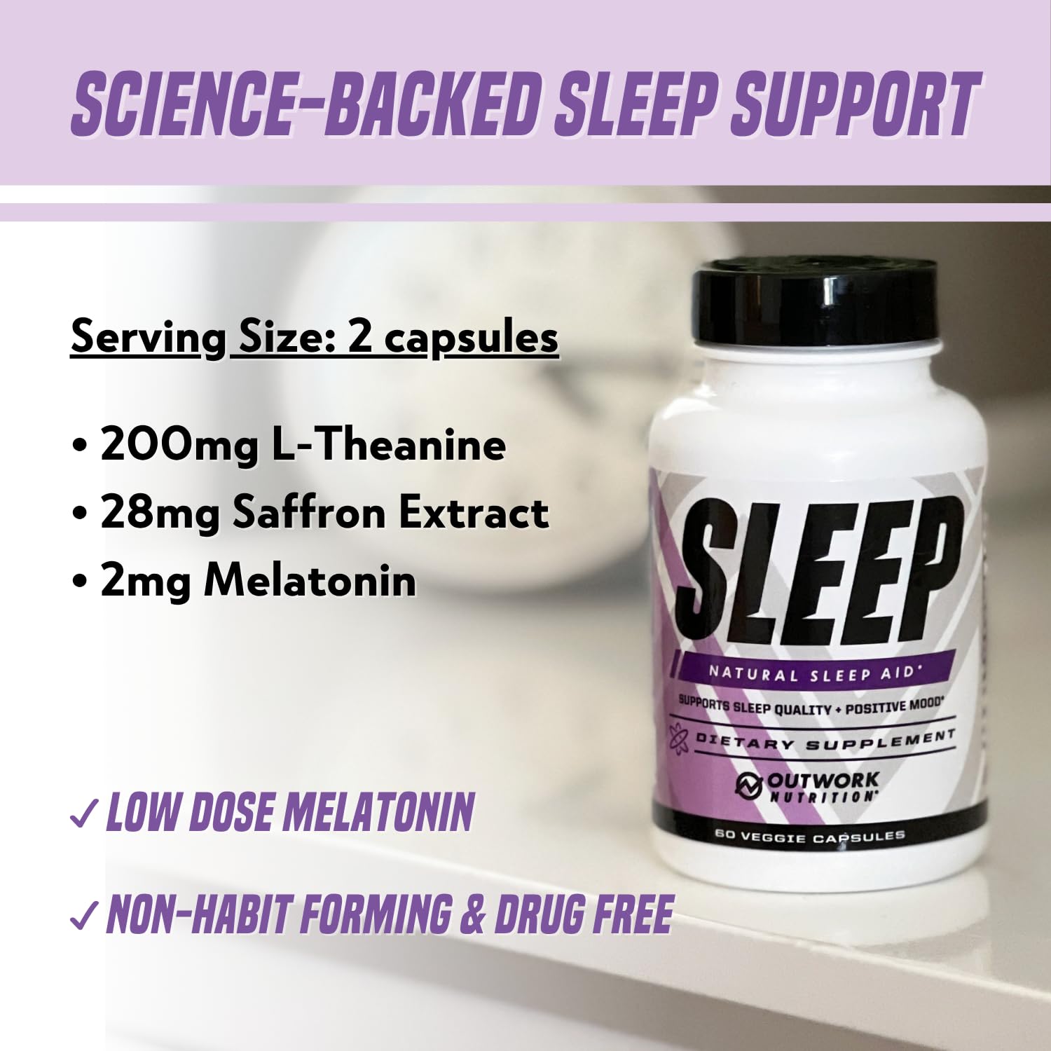 Outwork Nutrition Sleep Aid on a bedside table suggests a calming nightly routine.