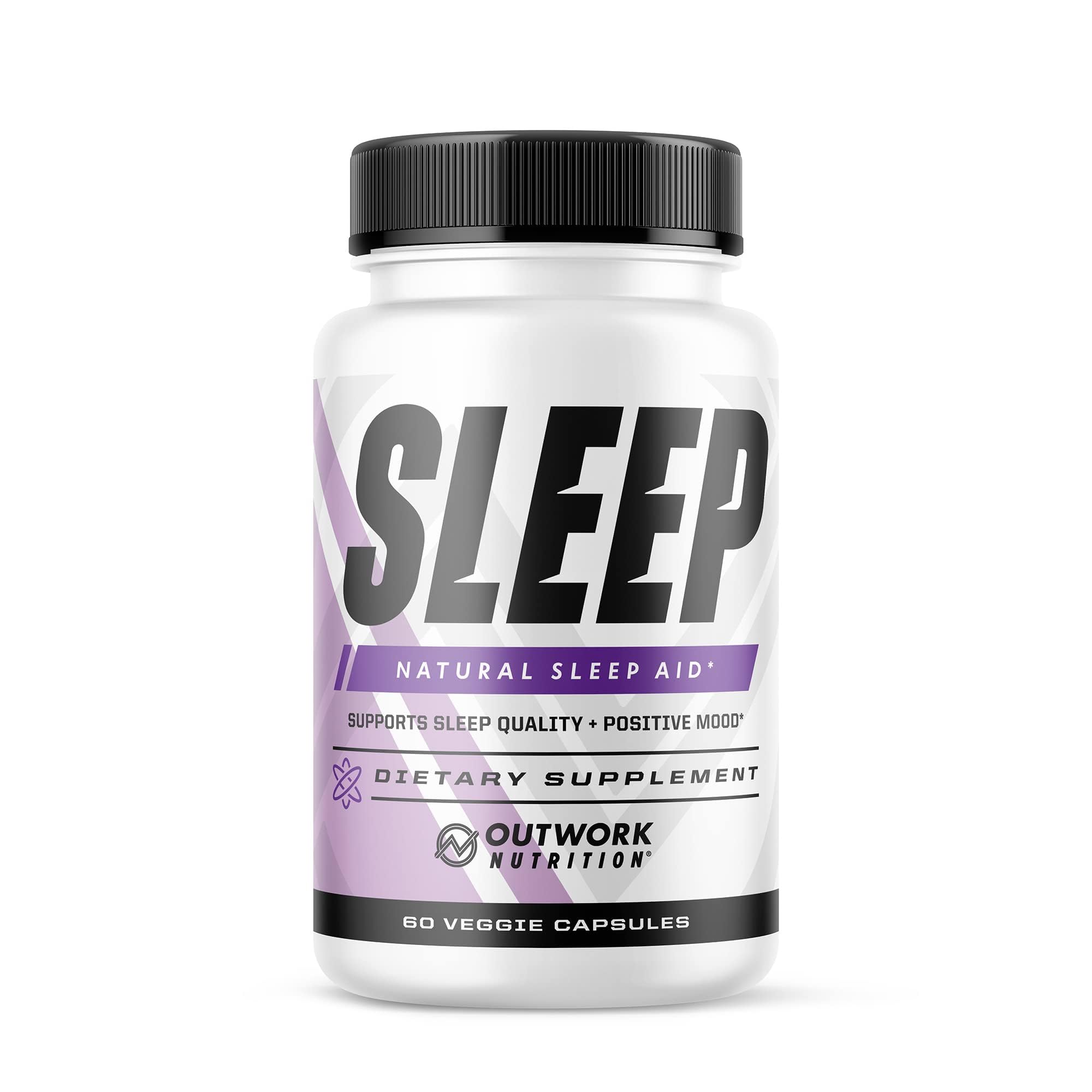 Outwork Nutrition Sleep Aid bottle-front illustrating convenient, non-habit forming sleep support.