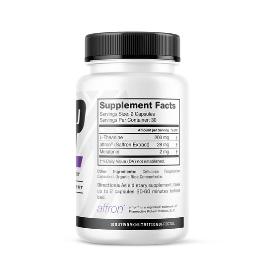 Outwork Nutrition Sleep Aid packaging close-up highlights natural ingredients for restful nights.