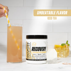 Outwork Nutrition tart cherry powder bag highlights reduced soreness and quicker downtime.