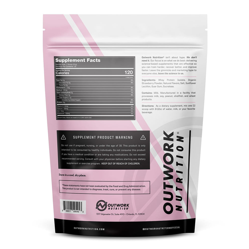 Outwork Nutrition whey isolate strawberry flavor bottle for tasty recovery shakes.