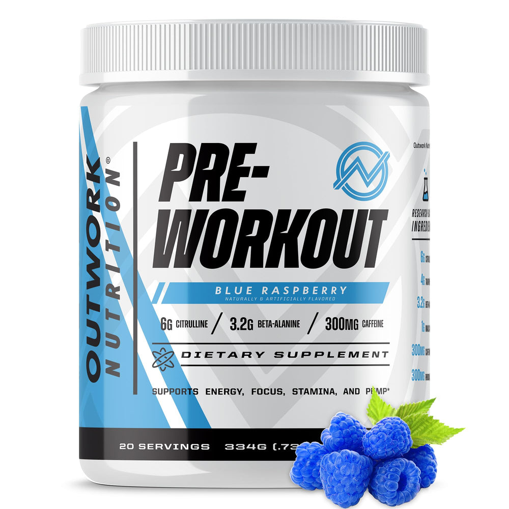 Outwork Nutrition preworkout blue raspberry tub ready to mix for focused energy