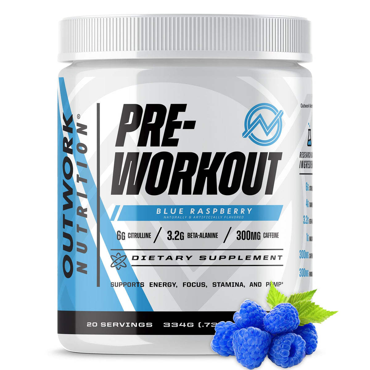 Outwork Nutrition preworkout blue raspberry tub ready to mix for focused energy