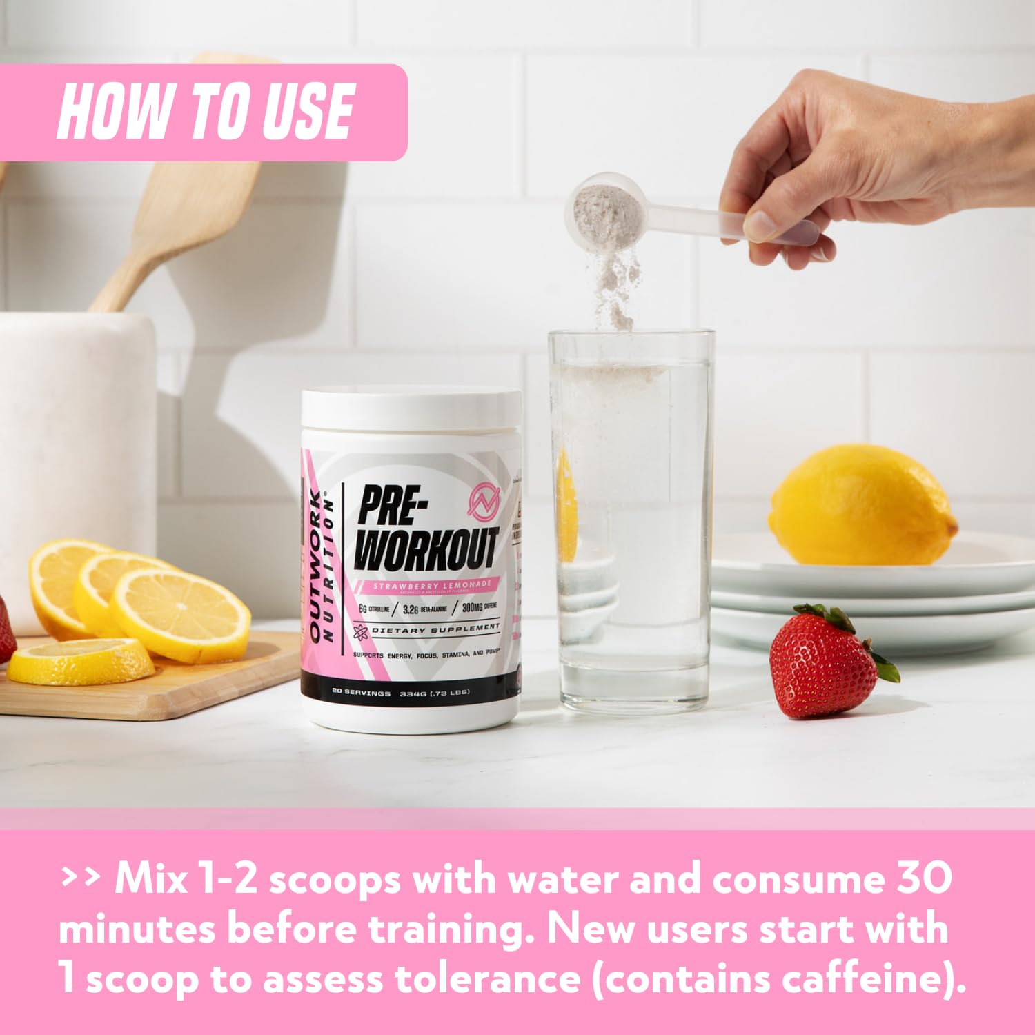 Outwork preworkout tub closeup label highlighting flavor and ingredients.