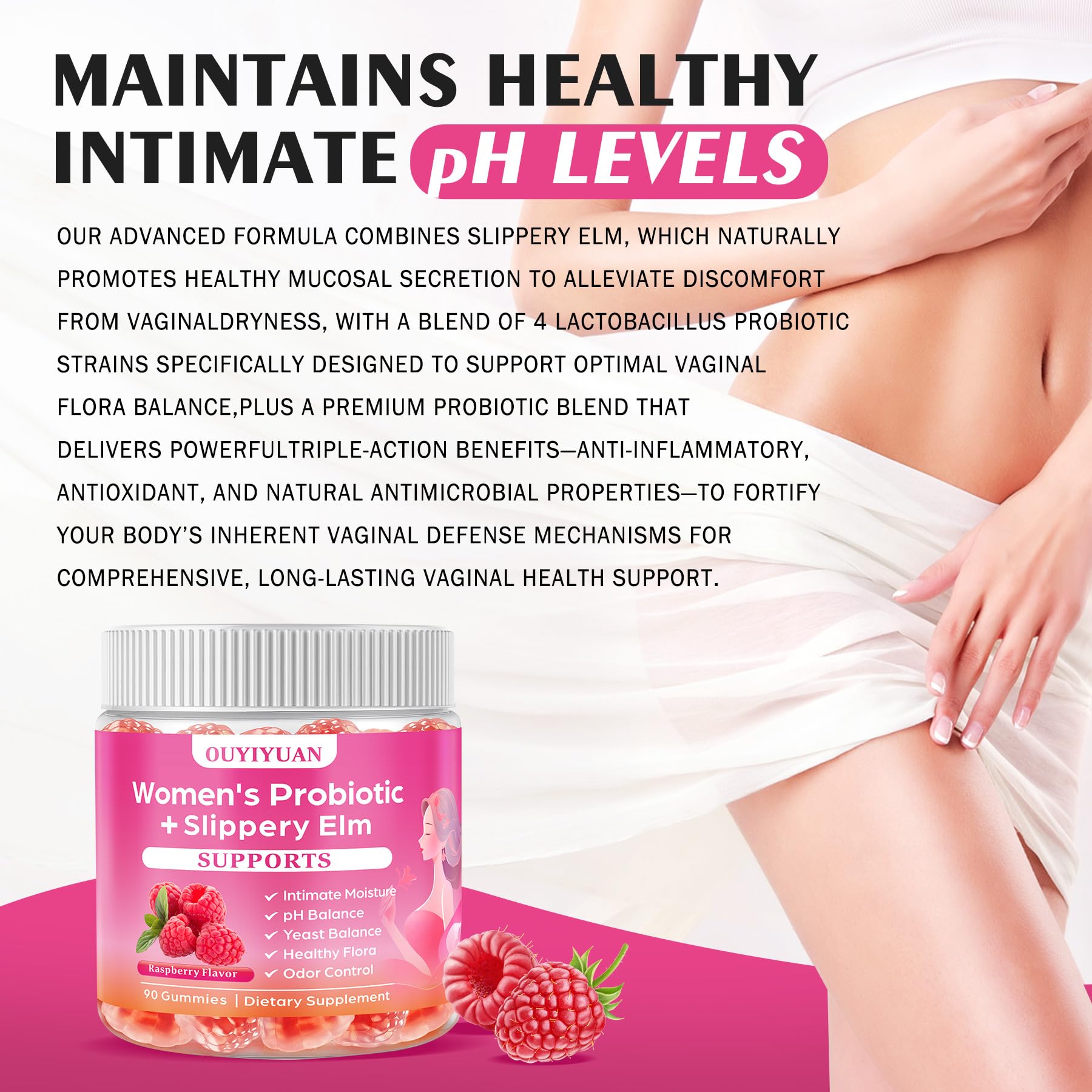 OUYIYUA probiotic gummies depict balanced gut flora with supportive imagery