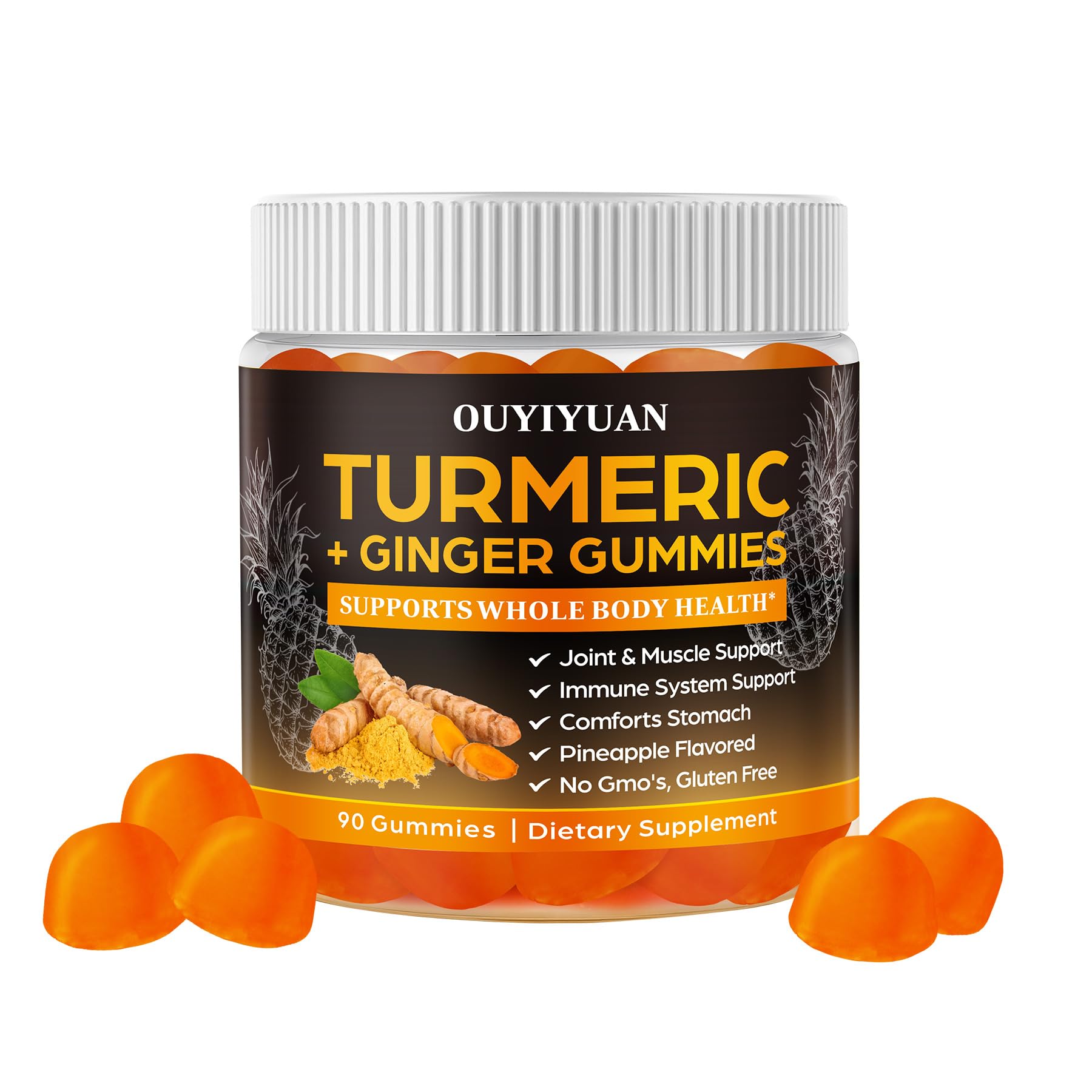 OUYIYUA Turmeric Gummies bottle front with pineapple flavor, supporting joint mobility and immune resilience.