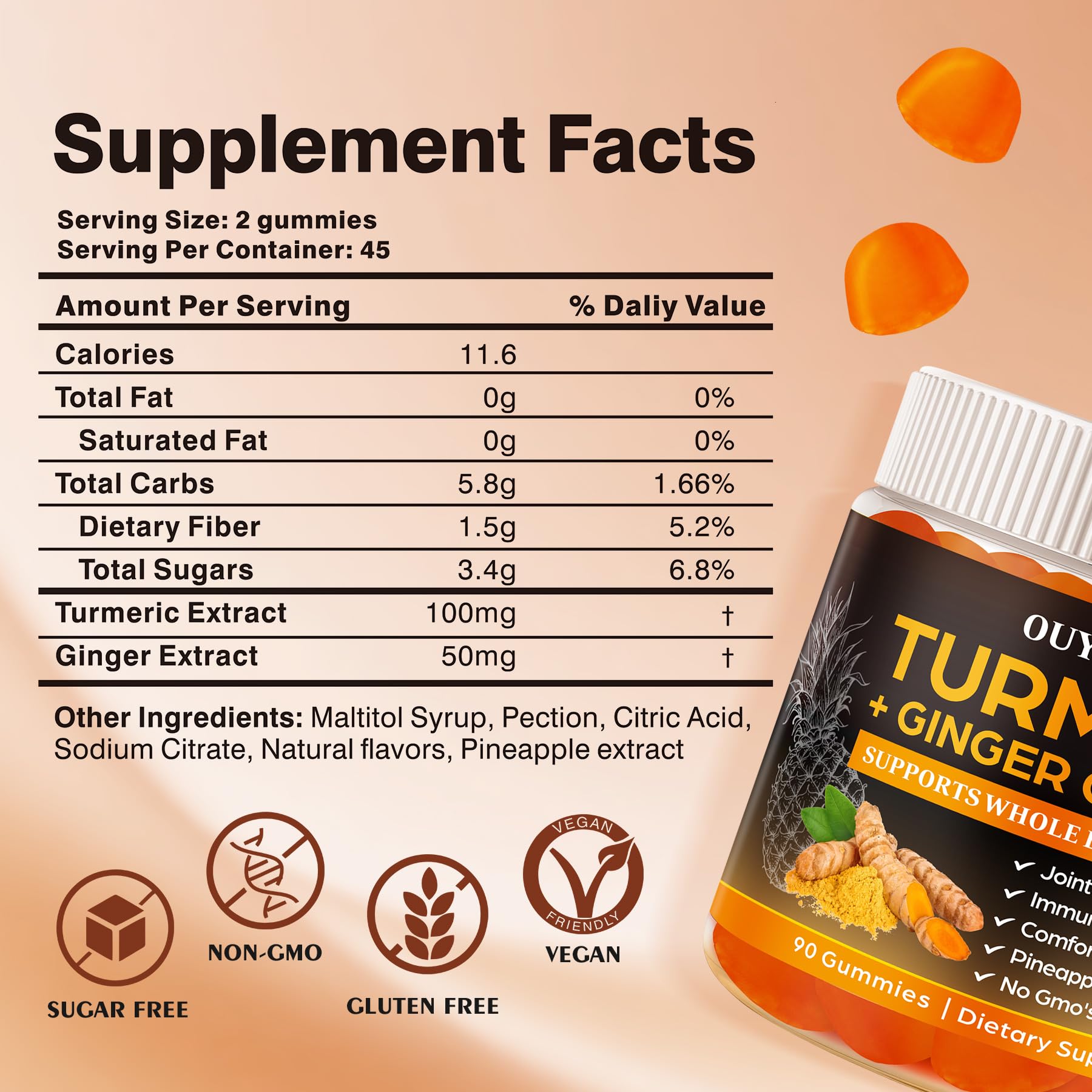 OUYIYUA Turmeric Gummies label closeup highlighting vegan, gluten-free formula gentle on stomach.