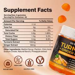 OUYIYUA Turmeric Gummies label closeup highlighting vegan, gluten-free formula gentle on stomach.