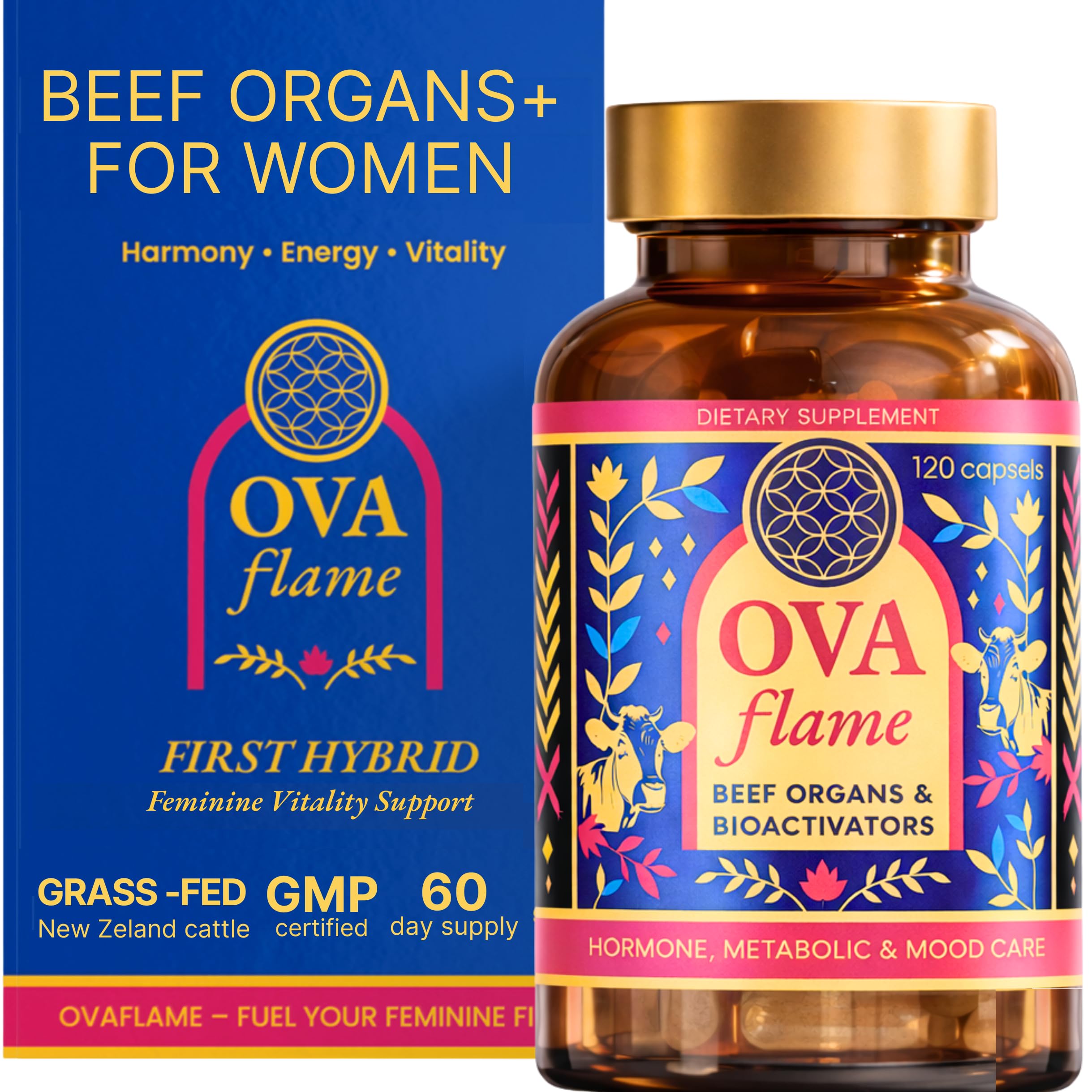 OVA Flame beef organ capsules bottle showing a daily energy and mood balance routine.