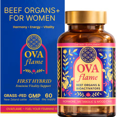 OVA Flame beef organ capsules bottle showing a daily energy and mood balance routine.