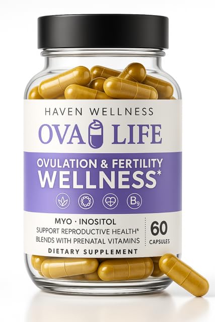Ovalife fertility supplements bottle promoting hormonal balance for cycles.