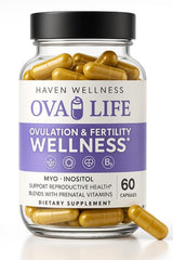 Ovalife fertility supplements bottle promoting hormonal balance for cycles.