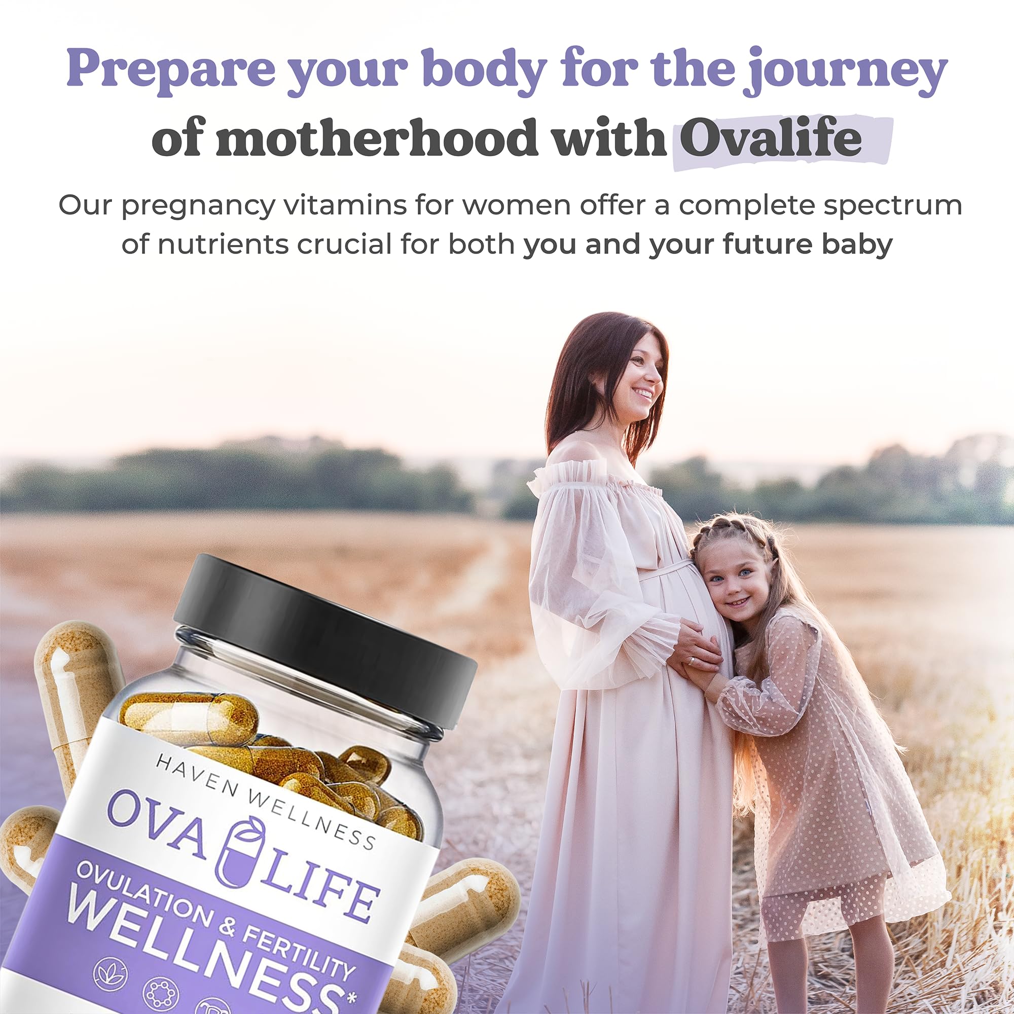 Ovalife 22 active ingredients shown in bottle for hormone balance and ovulation.