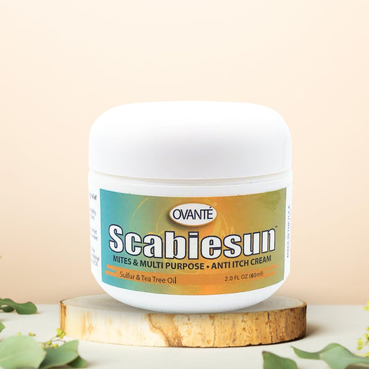Ovante Scabiesun cream jar back label shows ingredient highlights.