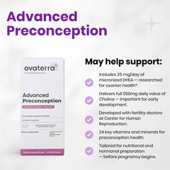 Ingredients list from Ovaterra Advanced Preconception showing 24 essential vitamins and minerals