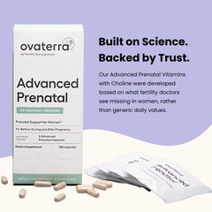 Ovaterra prenatal bottle showing six-pack daily packets for streamlined dosing.