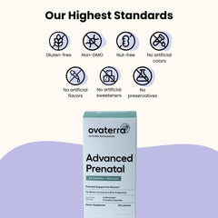 Ovaterra prenatal bottle label highlights 550 mg choline and omega-3 DHA/EPA.