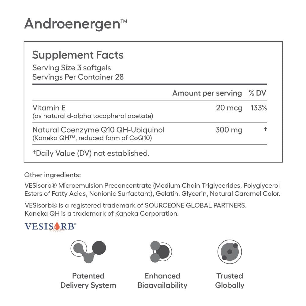 Ovaterra AndroEnergen CoQ10 100mg softgel closeup suggesting energy support.
