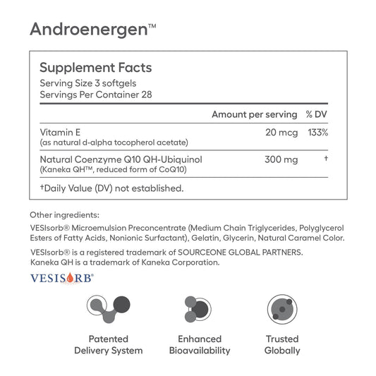 Ovaterra AndroEnergen CoQ10 100mg softgel closeup suggesting energy support.