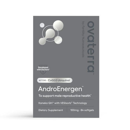 Ovaterra AndroEnergen softgel bottle for potential reproductive health support.