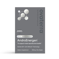 Ovaterra AndroEnergen softgel bottle for potential reproductive health support.