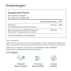 Close-up of OvoEnergen capsules highlighting ubiquinol content and high absorption