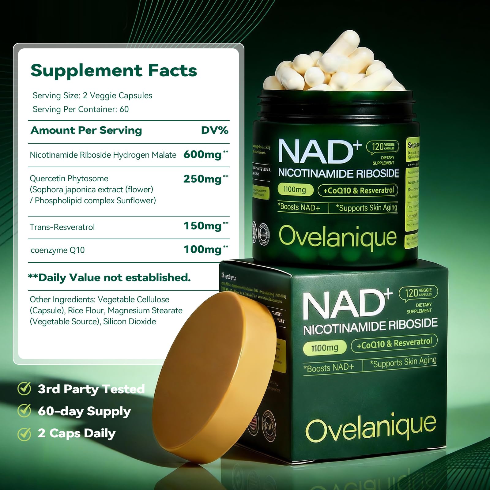 Ovelanique NAD supplement bottle back shows ingredients and quality details.