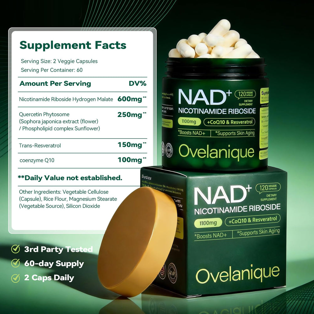 Ovelanique NAD supplement bottle back shows ingredients and quality details.