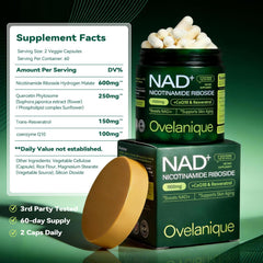 Ovelanique NAD supplement bottle back shows ingredients and quality details.