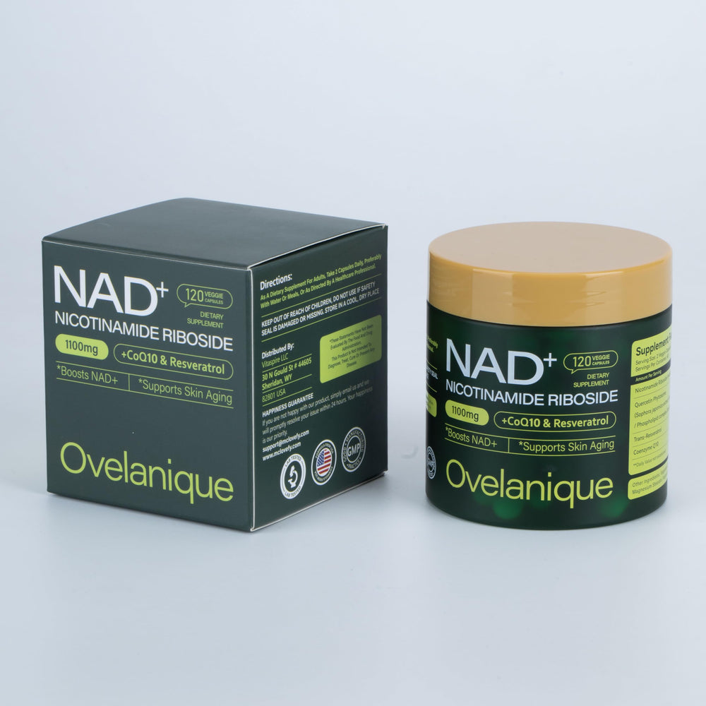 Ovelanique NAD two-bottle set on table suggests long-term vitality.