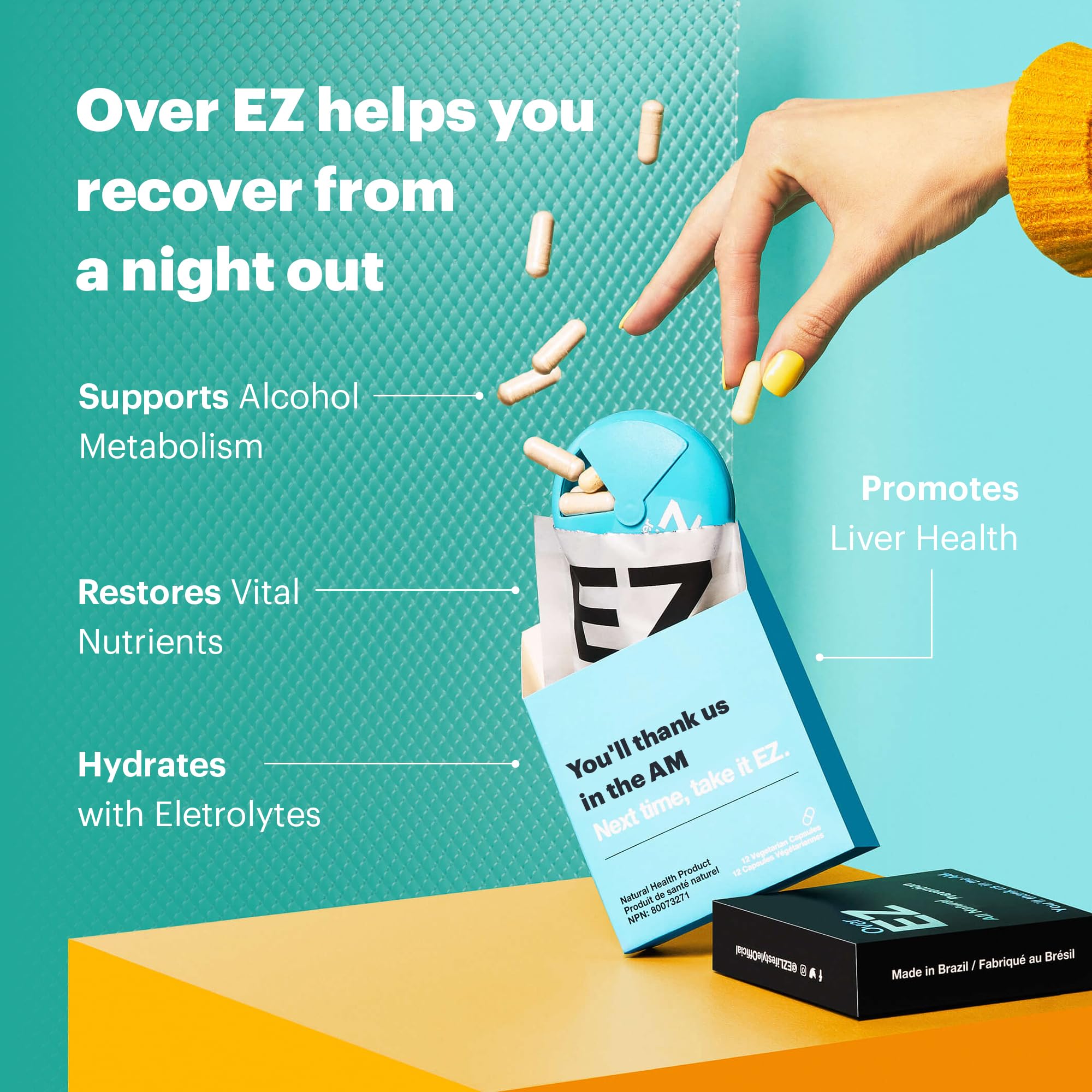 OVER EZ vitamin B complex details on bottle for energy support