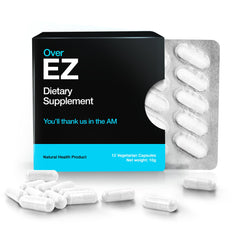 OVER EZ pre-drink supplement bottle shown for post-night-out refresh and energy support