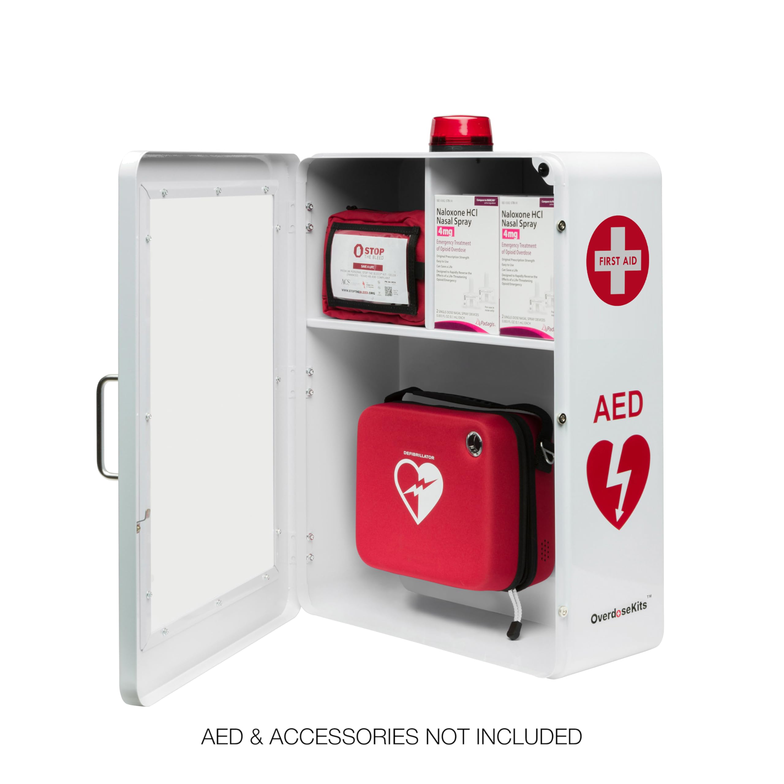 Lower AED compartment on OVERDOSE KITS cabinet ready for quick AED access