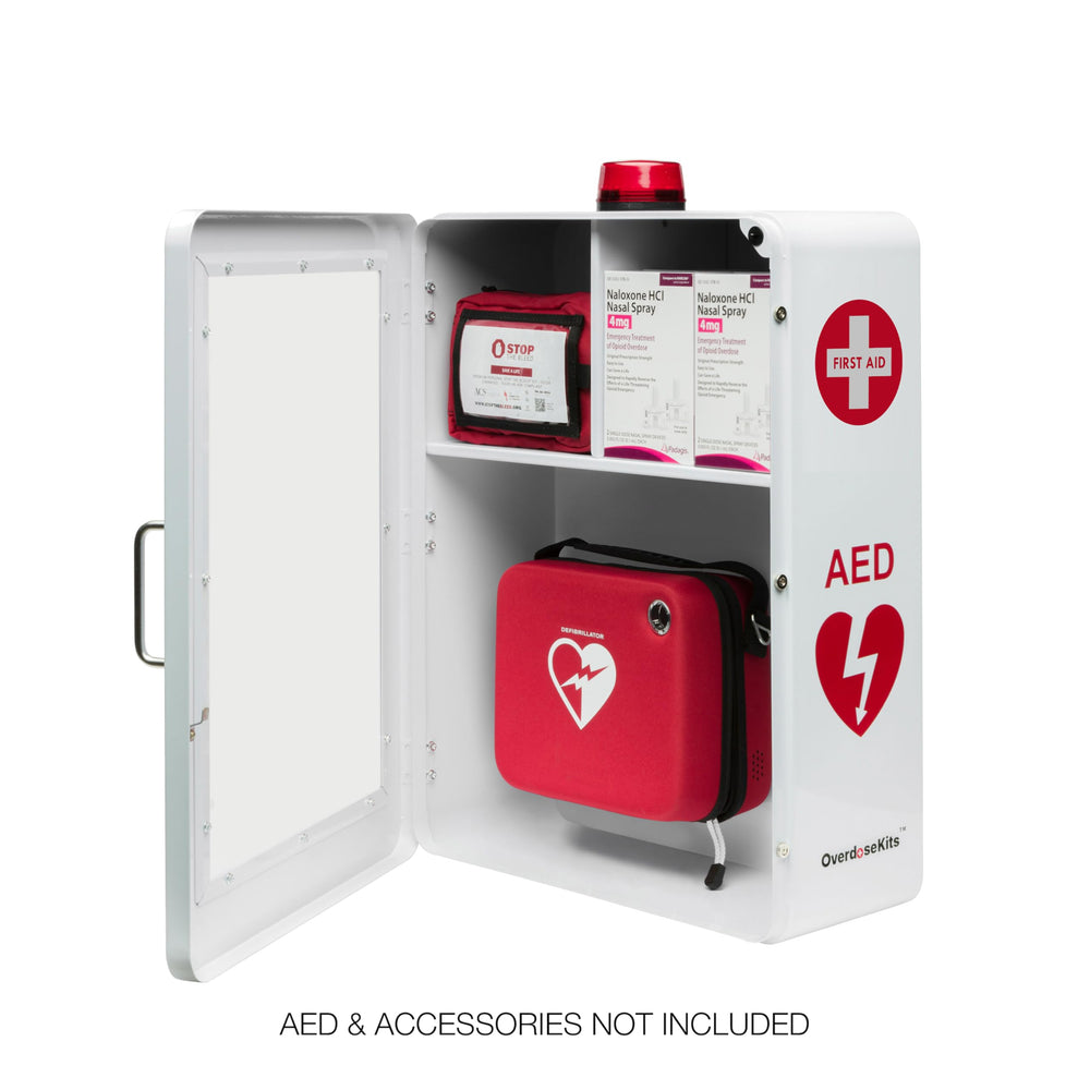 Lower AED compartment on OVERDOSE KITS cabinet ready for quick AED access
