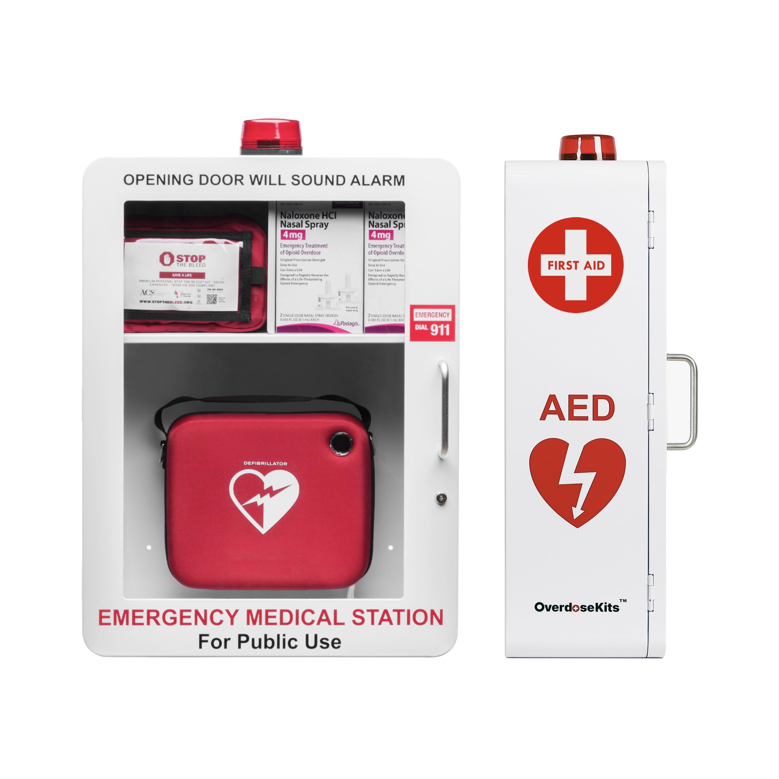 OVERDOSE KITS Emergency Station front view with labeled compartments for rapid access