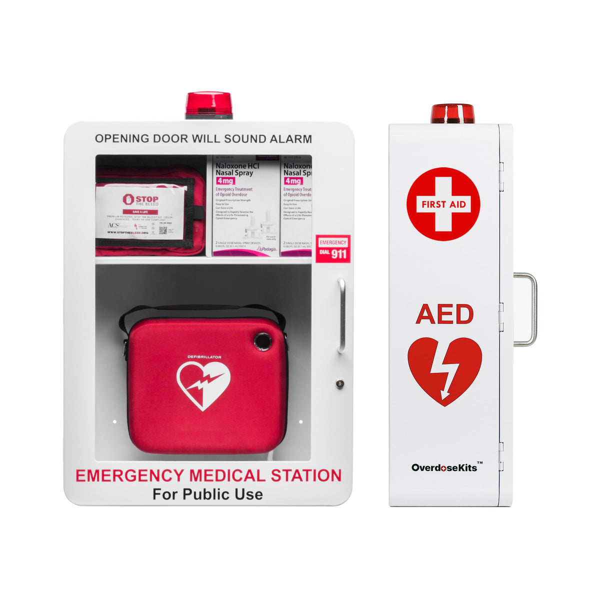 OVERDOSE KITS Emergency Station front view with labeled compartments for rapid access