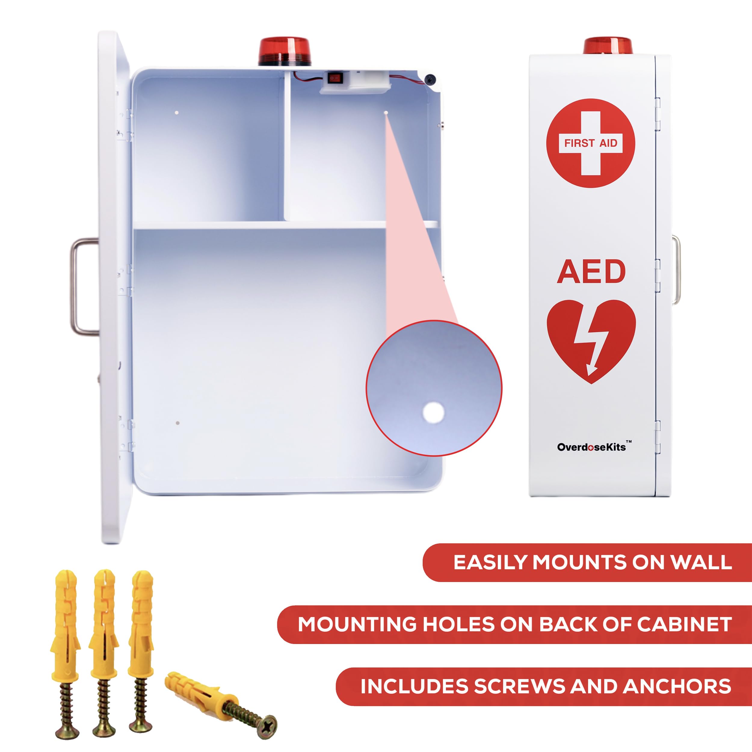 Wall mounting hardware included with OVERDOSE KITS cabinet for easy setup